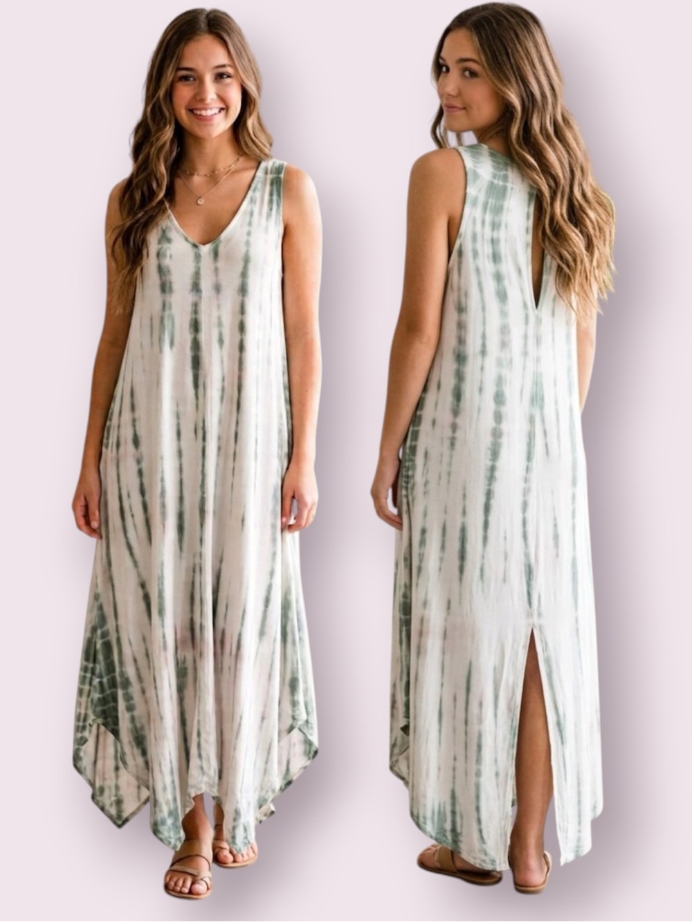 Young Fabulous & Broke Tie-Dye Maxi Tent Trapeze Dress Green White Pink Medium